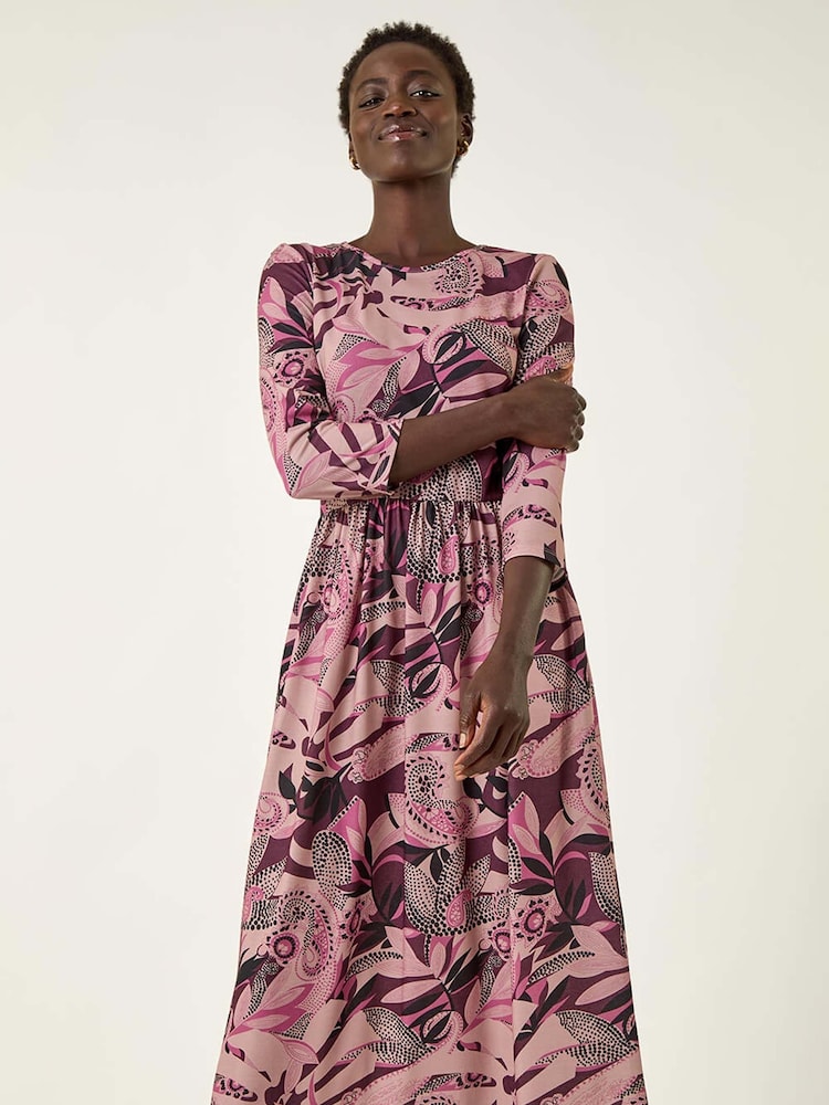 Roman Pink Floral Print Gathered Stretch Midi Dress - Image 2 of 5 Roman Pink Floral Print Gathered Stretch Midi Dress - Image 2 of 5