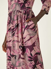 Roman Pink Floral Print Gathered Stretch Midi Dress - Image 5 of 5