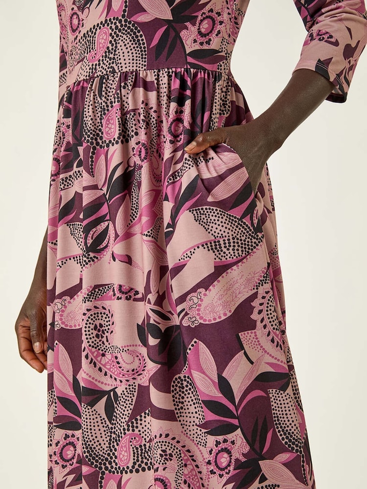 Roman Pink Floral Print Gathered Stretch Midi Dress - Image 5 of 5 Roman Pink Floral Print Gathered Stretch Midi Dress - Image 5 of 5