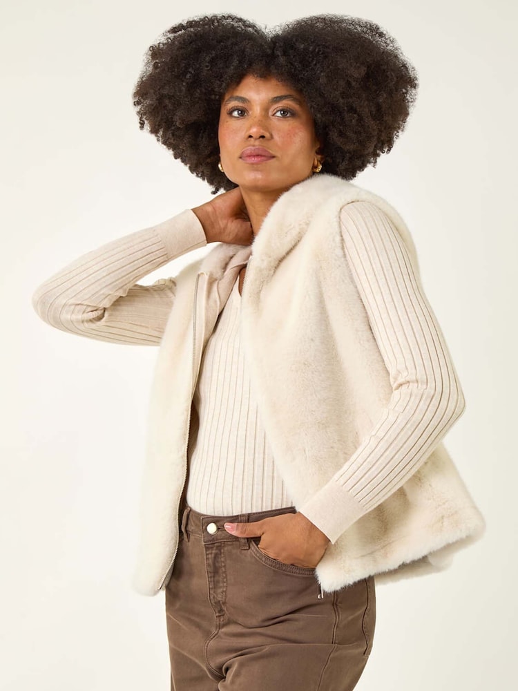 Roman Natural Hooded Faux Fur Gilet - Image 1 of 5 Roman Natural Hooded Faux Fur Gilet - Image 1 of 5