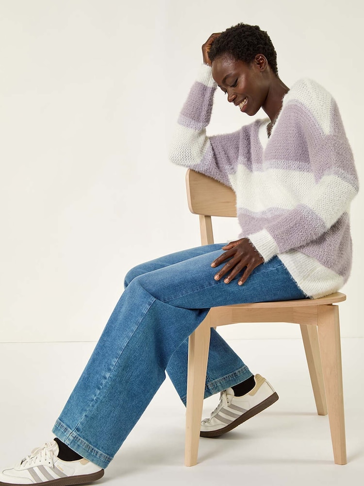 Roman Purple V-Neck Stripe Knit Jumper - Image 1 of 5