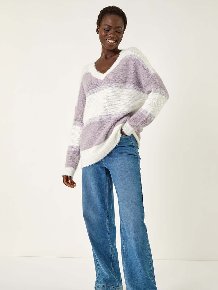 Roman Purple V-Neck Stripe Knit Jumper - Image 2 of 5