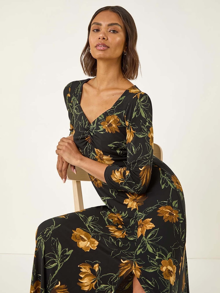 Roman Yellow Floral Print Ruched Stretch Midi Dress - Image 1 of 5