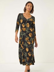 Roman Yellow Floral Print Ruched Stretch Midi Dress - Image 2 of 5