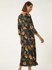 Roman Yellow Floral Print Ruched Stretch Midi Dress - Image 3 of 5