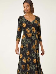 Roman Yellow Floral Print Ruched Stretch Midi Dress - Image 4 of 5