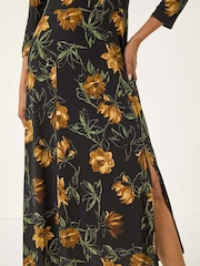 Roman Yellow Floral Print Ruched Stretch Midi Dress - Image 5 of 5