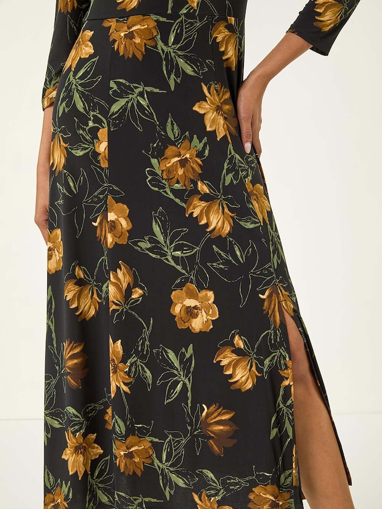 Roman Yellow Floral Print Ruched Stretch Midi Dress - Image 5 of 5