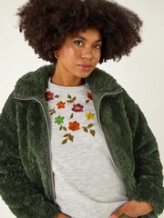 Roman Green Teddy Faux Fur Bomber Jacket - Image 1 of 5