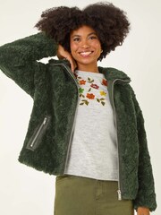 Roman Green Teddy Faux Fur Bomber Jacket - Image 2 of 5