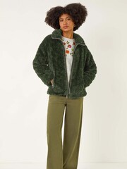 Roman Green Teddy Faux Fur Bomber Jacket - Image 3 of 5