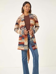 Roman Brown Jacquard Knit Belted Cardigan - Image 1 of 5