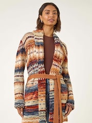 Roman Brown Jacquard Knit Belted Cardigan - Image 4 of 5