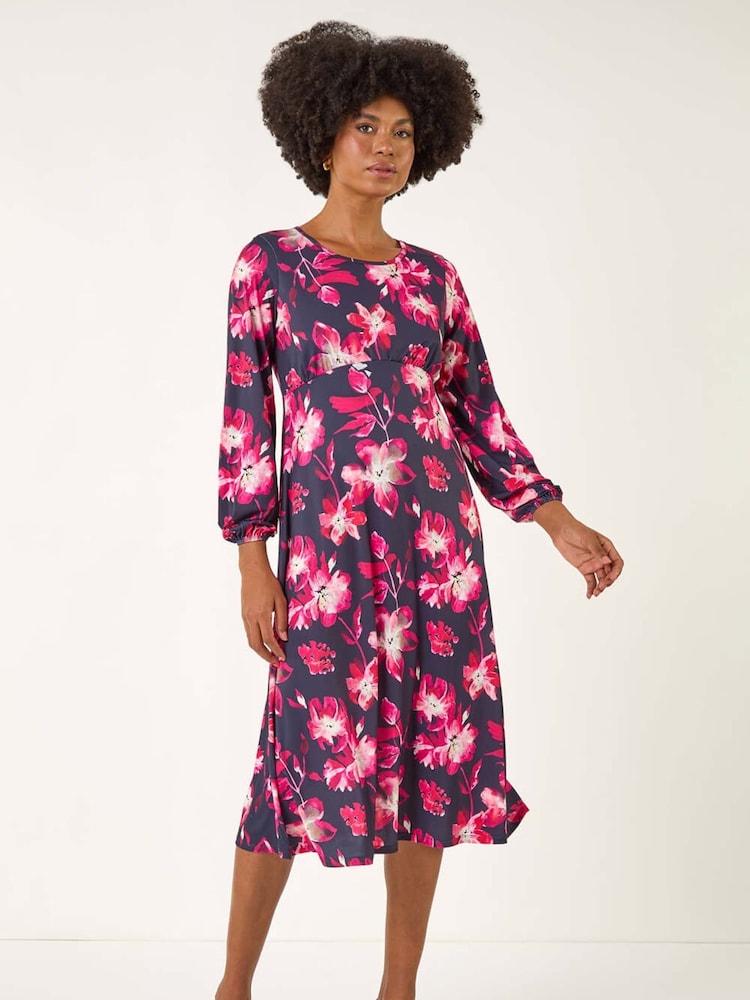 Roman Pink Floral Fit & Flare Midi Dress - Image 2 of 5 Roman Pink Floral Fit & Flare Midi Dress - Image 2 of 5