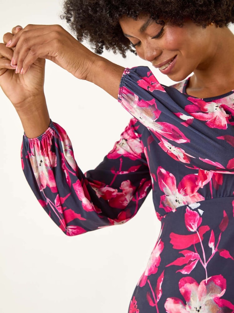 Roman Pink Floral Fit & Flare Midi Dress - Image 5 of 5 Roman Pink Floral Fit & Flare Midi Dress - Image 5 of 5