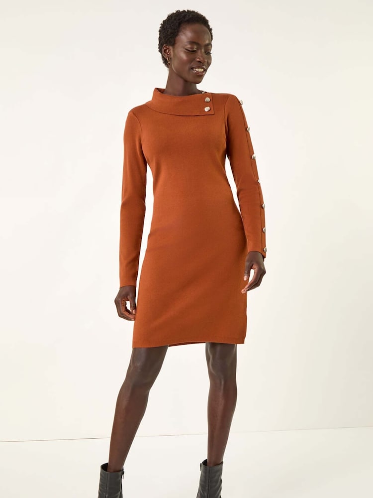 Roman Brown Button Detail Roll Neck Jumper Dress - Image 2 of 5