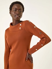 Roman Brown Button Detail Roll Neck Jumper Dress - Image 4 of 5