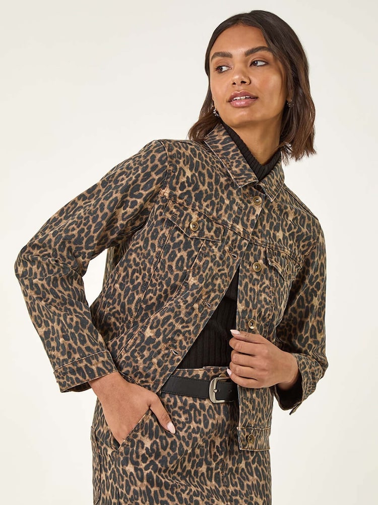 Roman Brown Animal Print Twill Jacket - Image 2 of 5 Roman Brown Animal Print Twill Jacket - Image 2 of 5