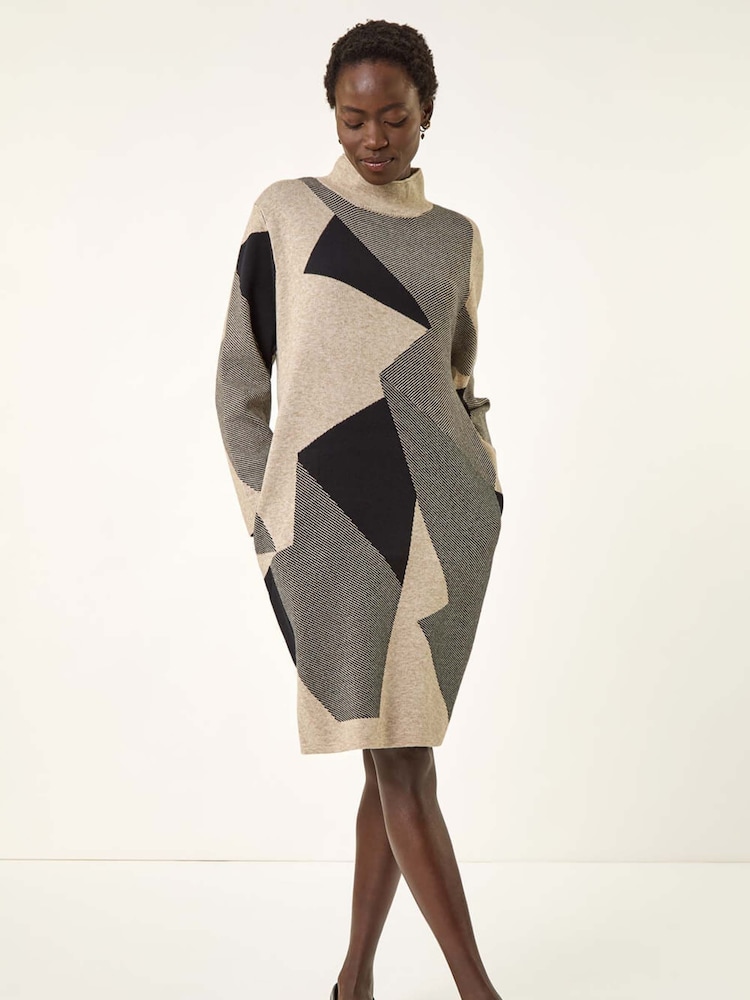 Roman Grey Geometric Knit Jumper Dress - Image 1 of 5