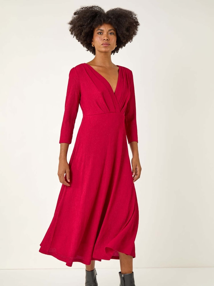 Roman Red Textured Wrap Midi Dress - Image 1 of 5 Roman Red Textured Wrap Midi Dress - Image 1 of 5
