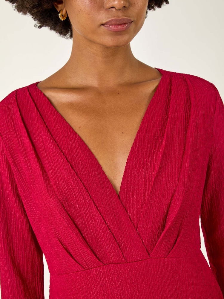 Roman Red Textured Wrap Midi Dress - Image 5 of 5 Roman Red Textured Wrap Midi Dress - Image 5 of 5