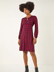 Roman Red Abstract Print Key Hole Stretch Dress - Image 2 of 5