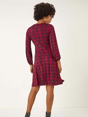 Roman Red Abstract Print Key Hole Stretch Dress - Image 3 of 5