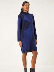 Roman Blue Geometric Knit Jumper Dress - Image 2 of 5