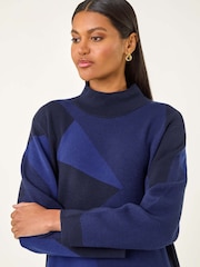 Roman Blue Geometric Knit Jumper Dress - Image 4 of 5