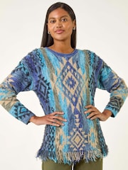 Roman Blue Jacquard Tassel Trim Knit Jumper - Image 1 of 5