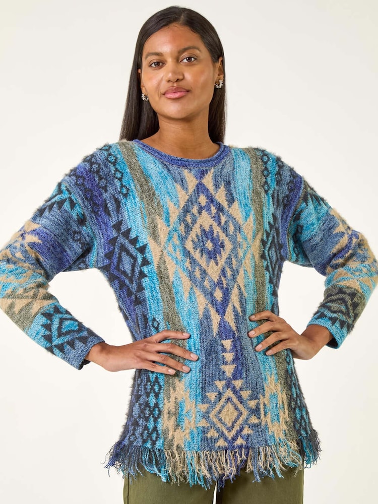 Roman Blue Jacquard Tassel Trim Knit Jumper - Image 1 of 5 Roman Blue Jacquard Tassel Trim Knit Jumper - Image 1 of 5