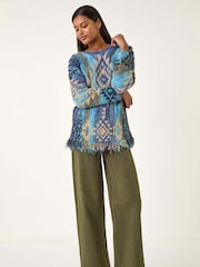 Roman Blue Jacquard Tassel Trim Knit Jumper - Image 2 of 5