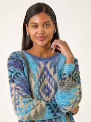 Roman Blue Jacquard Tassel Trim Knit Jumper - Image 4 of 5