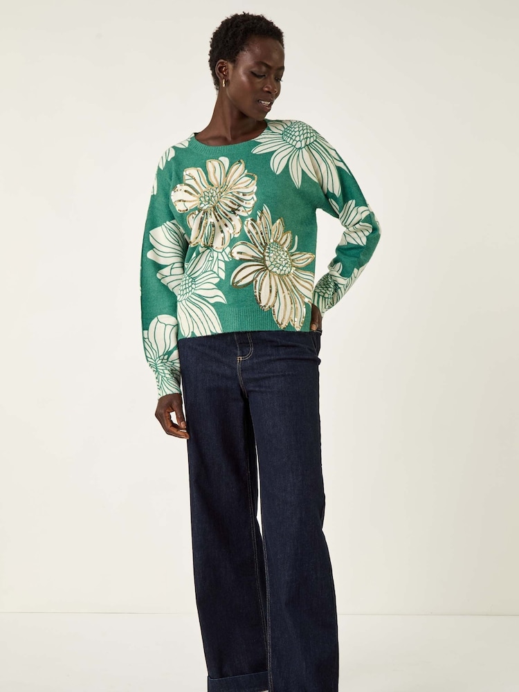 Roman Green Floral Crew Neck Knit Jumper - Image 1 of 5