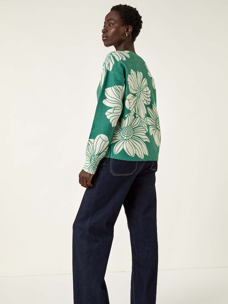 Roman Green Floral Crew Neck Knit Jumper - Image 2 of 5 Roman Green Floral Crew Neck Knit Jumper - Image 2 of 5