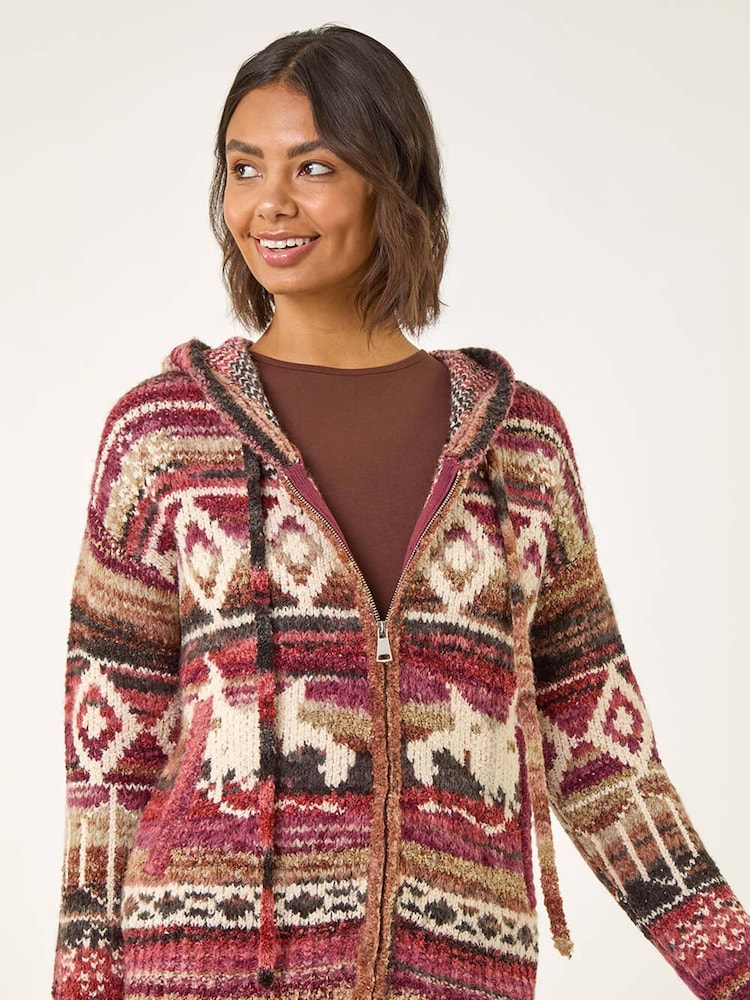 Roman Red Jacquard Zip Hooded Cardigan - Image 1 of 5 Roman Red Jacquard Zip Hooded Cardigan - Image 1 of 5
