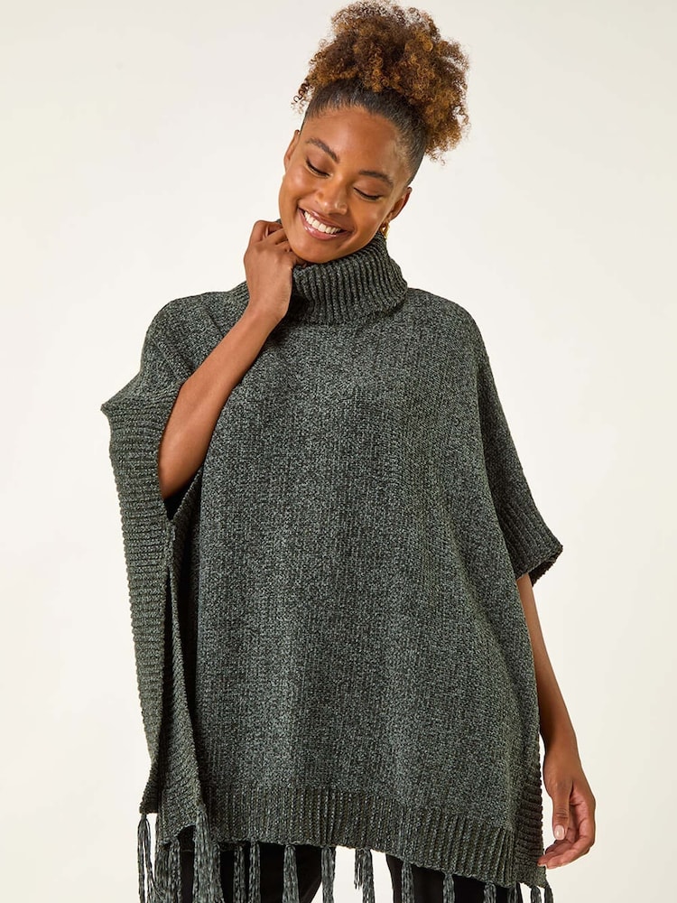 Roman Green Tassle Trim Knit Poncho - Image 1 of 5 Roman Green Tassle Trim Knit Poncho - Image 1 of 5