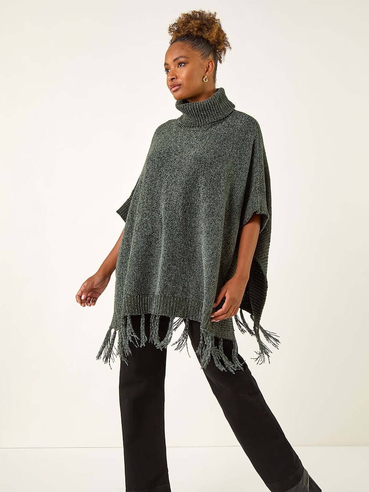 Roman Green Tassle Trim Knit Poncho - Image 2 of 5 Roman Green Tassle Trim Knit Poncho - Image 2 of 5
