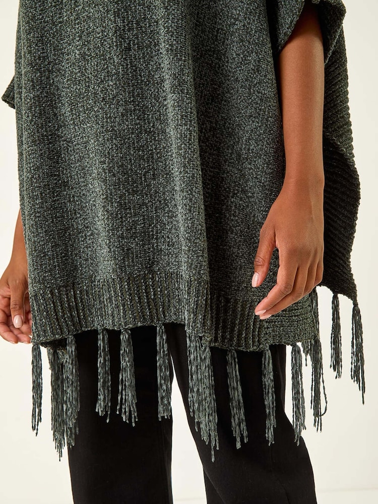Roman Green Tassle Trim Knit Poncho - Image 5 of 5