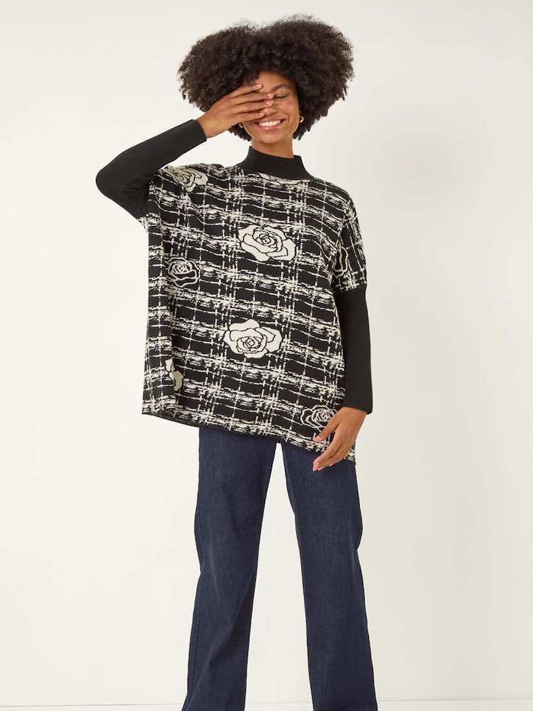 Roman Black Plaid Rose Detail Knit Jumper - Image 1 of 5 Roman Black Plaid Rose Detail Knit Jumper - Image 1 of 5