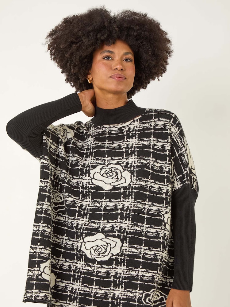 Roman Black Plaid Rose Detail Knit Jumper - Image 2 of 5 Roman Black Plaid Rose Detail Knit Jumper - Image 2 of 5