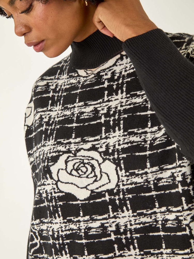 Roman Black Plaid Rose Detail Knit Jumper - Image 5 of 5 Roman Black Plaid Rose Detail Knit Jumper - Image 5 of 5