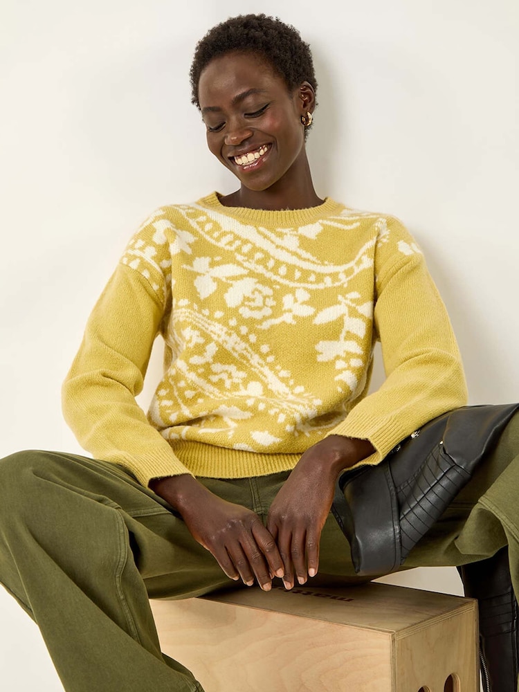 Roman Yellow Floral Jacquard Knit Jumper - Image 1 of 5 Roman Yellow Floral Jacquard Knit Jumper - Image 1 of 5