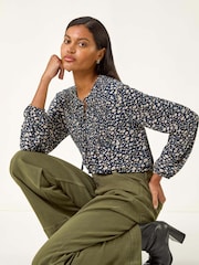 Roman Blue Printed Shirred Tie Neck Blouse - Image 1 of 5