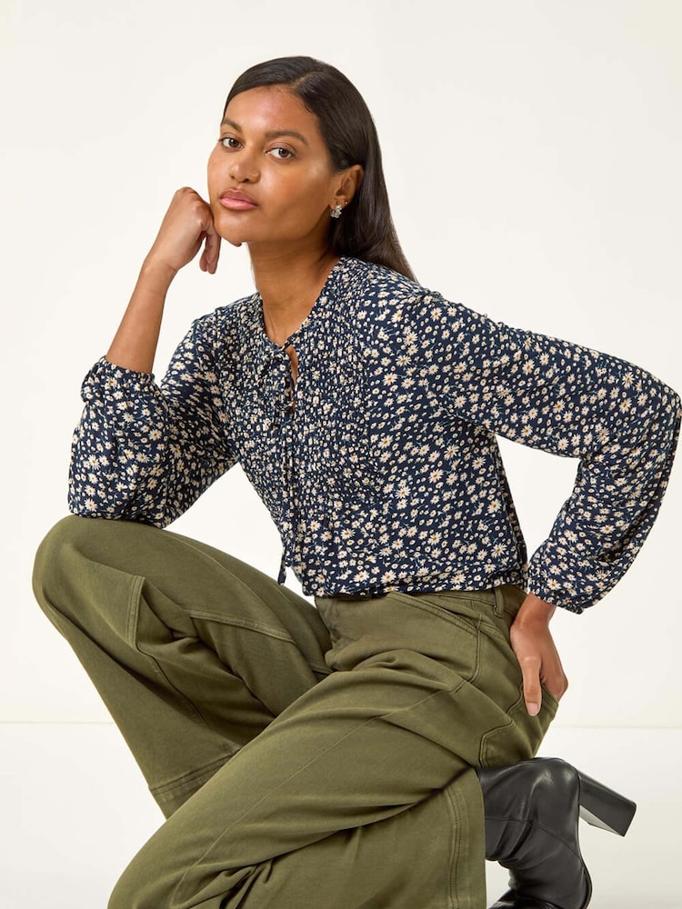 Roman Blue Printed Shirred Tie Neck Blouse - Image 1 of 5