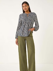 Roman Blue Printed Shirred Tie Neck Blouse - Image 2 of 5