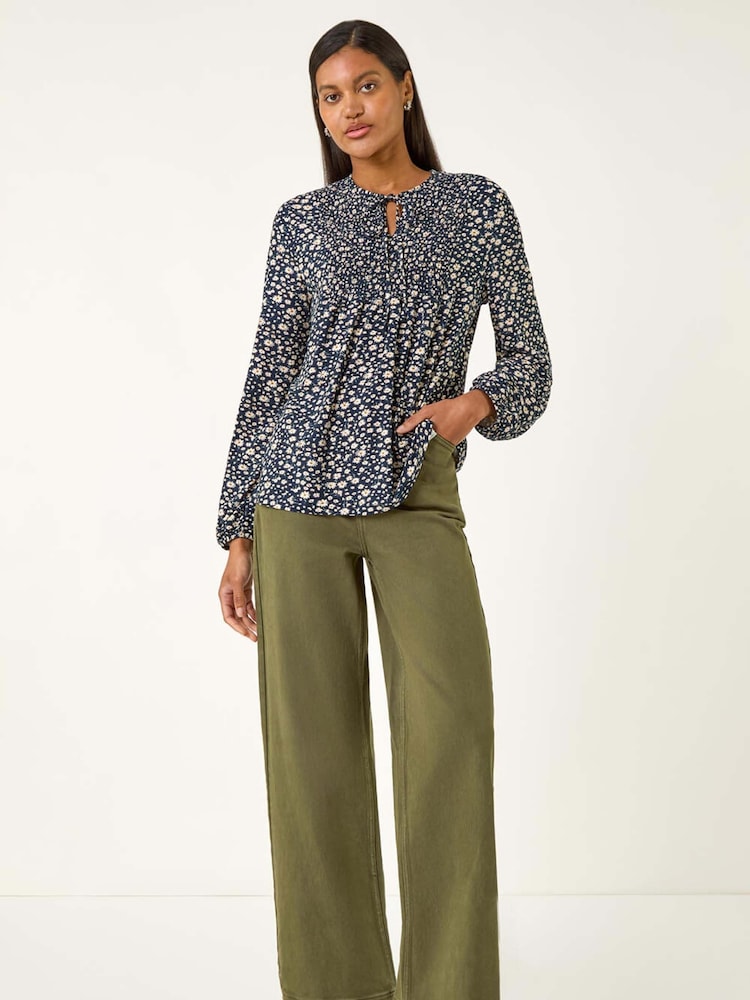 Roman Blue Printed Shirred Tie Neck Blouse - Image 2 of 5