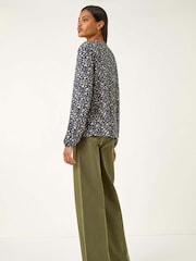 Roman Blue Printed Shirred Tie Neck Blouse - Image 3 of 5