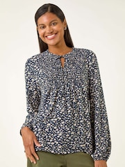 Roman Blue Printed Shirred Tie Neck Blouse - Image 4 of 5