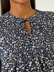 Roman Blue Printed Shirred Tie Neck Blouse - Image 5 of 5